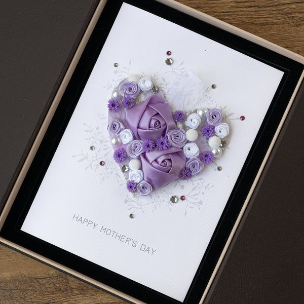 Personalised Boxed Handmade Mothers Day Card - Lilac Posy Heart
