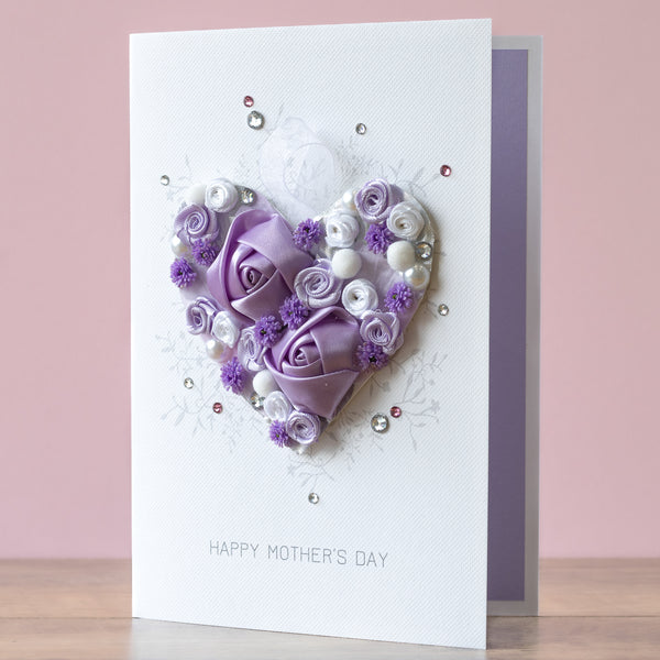 Personalised Boxed Handmade Mothers Day Card - Lilac Posy Heart