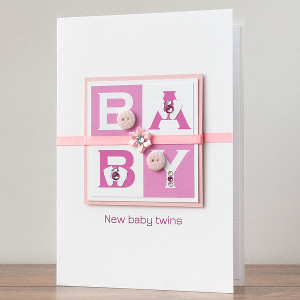 Luxury Boxed New Baby Card  'Wow! It's Twin Girls'